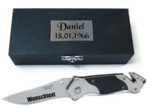Taschenmesser, Multifunktionsmesser mit Gravur nach Wunsch (im Holzetui)